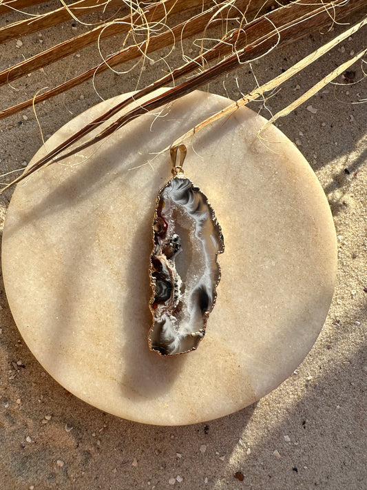 Achat Geodenscheibe Anhänger, Gold galvanisiert