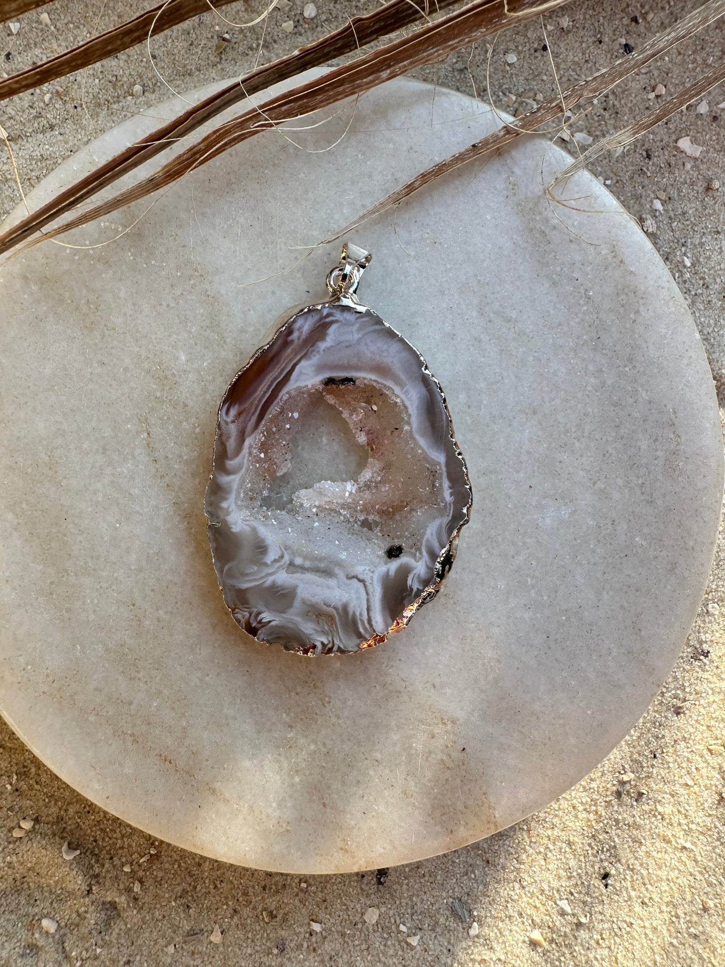 Achat Geodenscheibe Anhänger, Silber galvanisiert