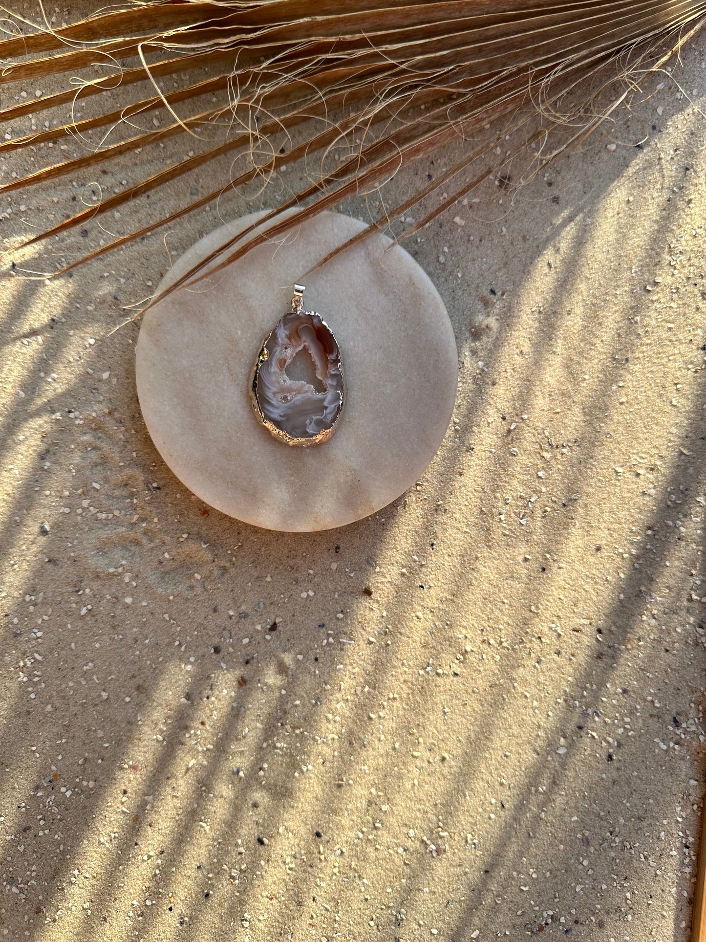 Achat Geodenscheibe Anhänger, Silber galvanisiert