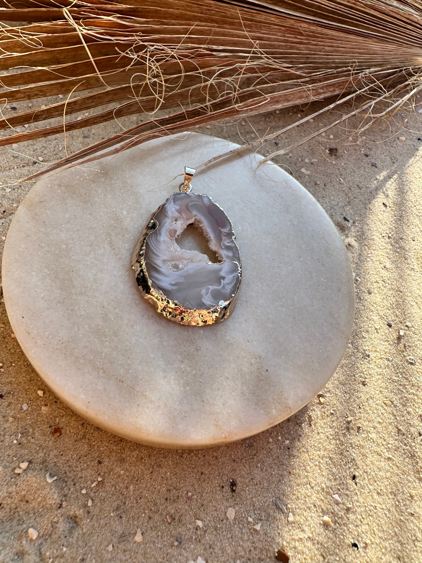 Achat Geodenscheibe Anhänger, Silber galvanisiert