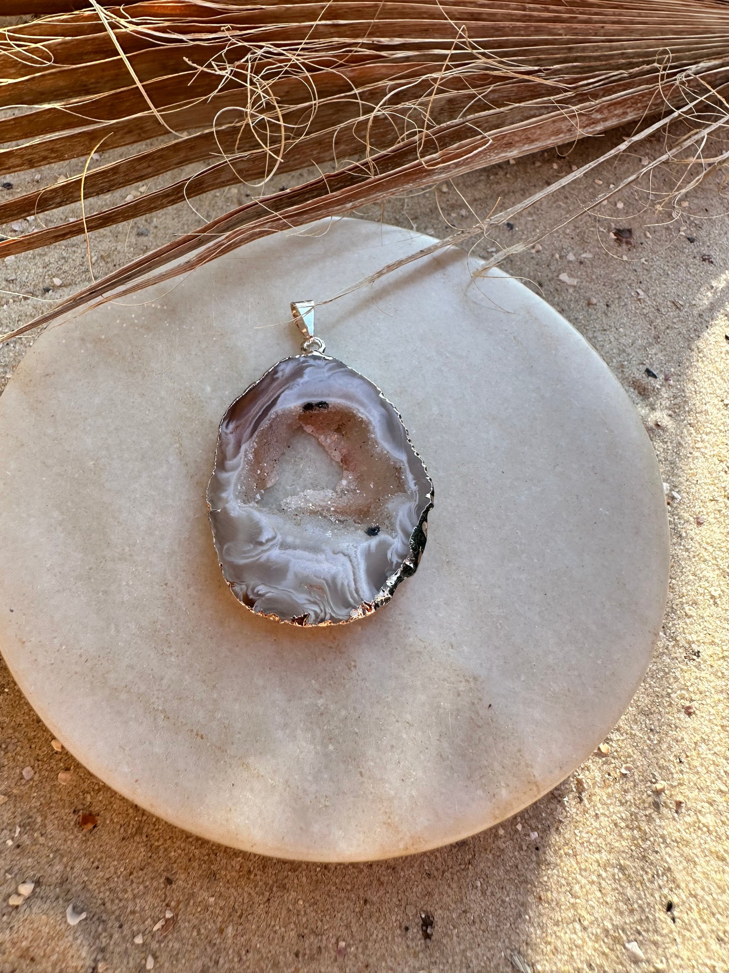 Achat Geodenscheibe Anhänger, Silber galvanisiert